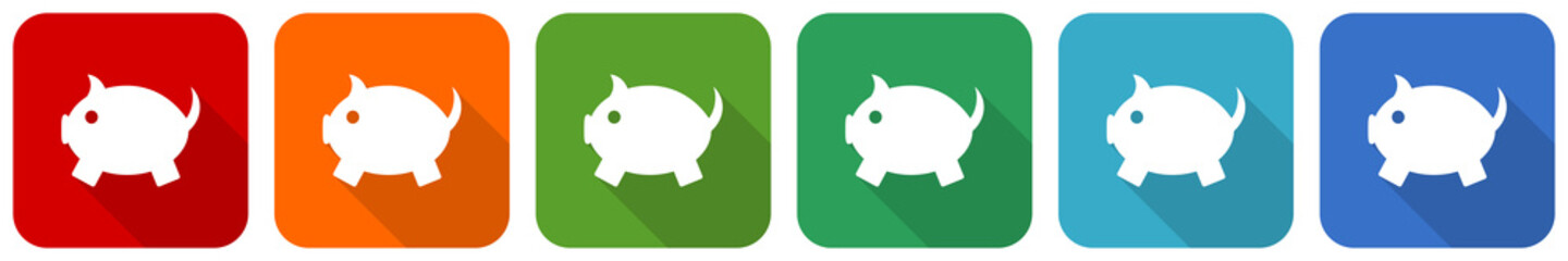 Piggy bank icon set, flat design vector illustration in 6 colors options for webdesign and mobile applications