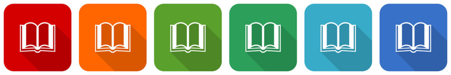 Book icon set, flat design vector illustration in 6 colors options for webdesign and mobile applications