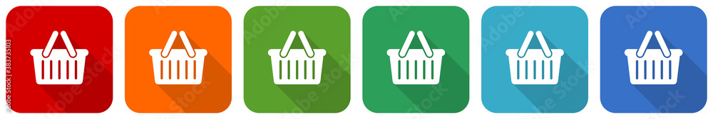 Aufkleber shopping basket icon set, flat design vector illustration in 6 colors options for webdesign and mobi