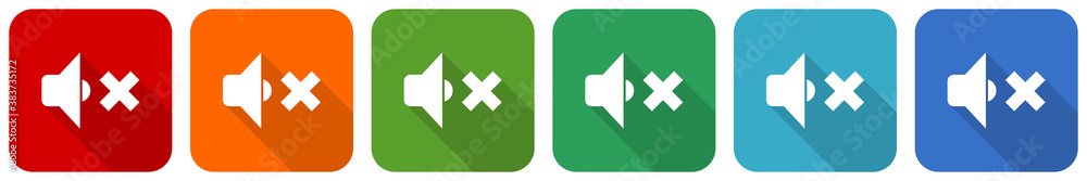 Leinwandbilder speaker volume icon set, flat design vector illustration in 6 colors options for webdesign and mobil