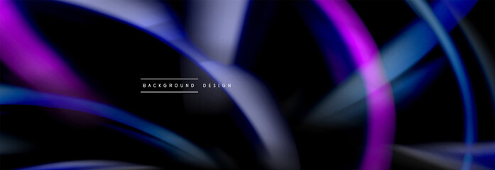 Dynamic motion abstract background. Color blurred stripes on black. Wave liquid lines poster. Vector illustration