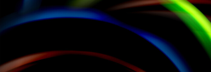 Dynamic motion abstract background. Color blurred stripes on black. Wave liquid lines poster. Vector illustration
