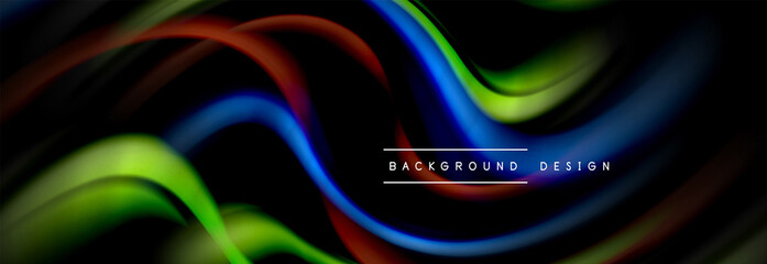 Dynamic motion abstract background. Color blurred stripes on black. Wave liquid lines poster. Vector illustration