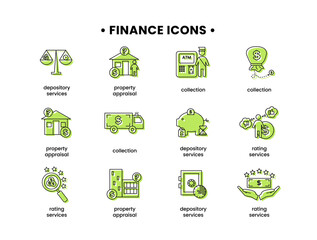 Finance. Vector illustration set of icons depository services, property appraisal, rating services, collection.