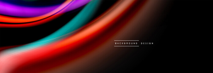 Dynamic motion abstract background. Color blurred stripes on black. Wave liquid lines poster. Vector illustration
