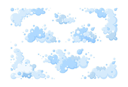 Foam made of soap or clouds. Big set of light blue foam and bubbles of different shapes. Cloudy frame and corner. Vector illustration in cartoon style