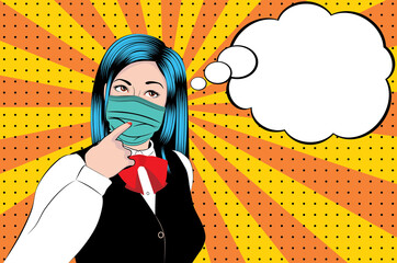 Thoughtful woman in face mask pop art
