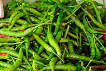 Lots of Green Chilies, Placed on a Tray, for Sale, in a Walking Market