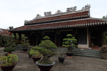 Fototapeta na wymiar Hoi An, Vietnam, February 21, 2020: Bonsai in front of the Chùa Chúc Thánh temple. Hoi An, Vietnam