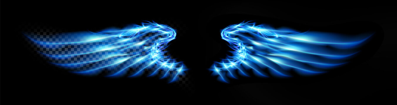 Neon glowing abstract blue angel wings. Isolated, strewn with sparks on dark, black background. Happy Valentines day, attributes. Vector illustration