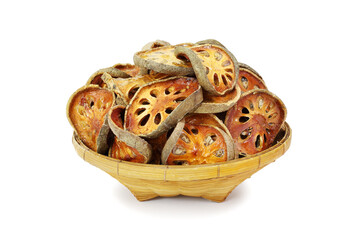 Bael fruit dried in basket isolated on white background
