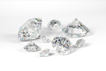 A scattering of diamonds of different sizes on a white background. Exhibition of precious stones. 3d rendering.