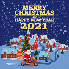 Santa Claus Van with text Merry Chrismas and Happy New Year 2021 rides a scooter delivering shipping gifts on night winter town. Vector illustration isolated cartoon style greeting card poster banner