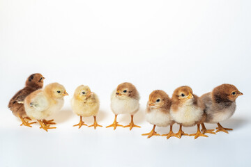 seven cute little chicken on white background closeup 