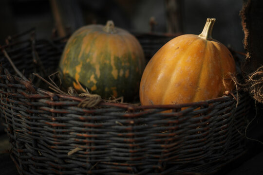 Fresh pumpkins in a basket