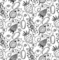 Seamless pattern with cute hand drawn berries including strawberries, raspberries, agrus, blueberries, blackberries, plums. Vector
