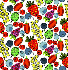Seamless pattern with cute colorful hand drawn berries including strawberries, raspberries, agrus, blueberries, blackberries, plums. Vector