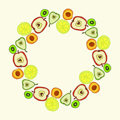Cute Hand-drawn Frame with Apples, Pears, Apricots, Lemons, Kiwi