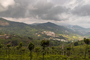 mountain and city landscape with clouds and the beautiful tea plantations in ooty.
