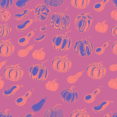 
Pumpkin vegetables stylization. Abstract hand-drawn illustration. Gafica, ink. Print, textiles. Thanksgiving, harvest festival. Autumn, autumn mood. Agriculture, farm. Seamless pattern.