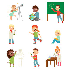 Cute Children in Class Studying School Subjects Vector Set