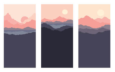 Abstract landscape with mountains and firs. Three vector illustrations, desktop wallpaper. Twilight, sunset.	