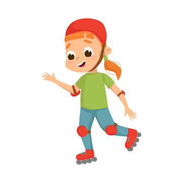 Cute Girl Roller Skating as Physical Culture Vector Illustration