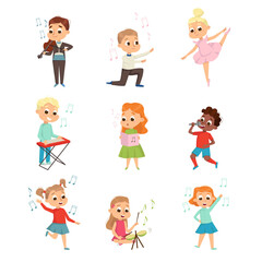 Little Boys and Girls Playing Musical Instrument and Singing Vector Set