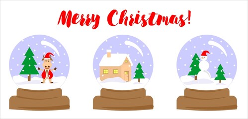 Snow globe with Christmas village in it. Vector image of a toy snow ball on a stand with a house and a spruce inside. Winter landscape with snowdrifts and snow on the roof of the house.