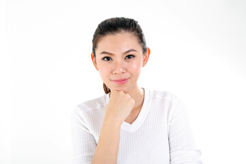 beautiful young south east Asian Chinese woman hand on cheek chin on white background