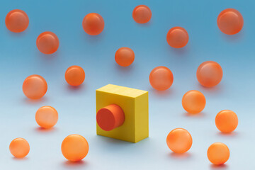 Abstract geometric group with orange spheres on pastel blue backdrop. Showcase design for advertising display, presentation of cosmetic products, seasonal and holiday discounts. Minimal 3d composition