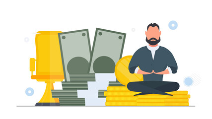 The man is meditating on the background of money.
Business man doing yoga. Large stack of dollars and gold coins. Isolated. Vector.