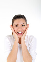 Fototapeta premium beautiful young south east Asian Chinese healthy hand on cheek happy surprised on white background