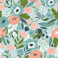 Spring bouquet. Elegant hand drawn floral seamless pattern. Botanical print. Vector illustration for wedding design.