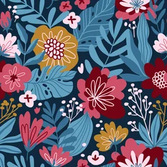 Foto op Plexiglas anti-reflex Vector seamless pattern with moody flowers on the dark blue background. Romantic design for natural cosmetics, perfume, women products. Can be used as greeting card or wedding background © Utro na more