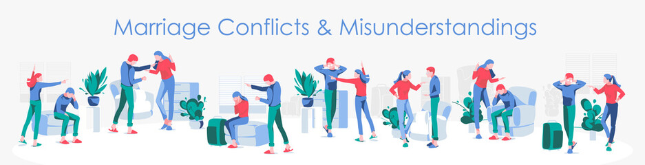 Marriage conflicts and misunderstandings. Family issues banner. Spouses quarreling and arguing with each other. Relationship breakup, divorce concept flat vector illustration