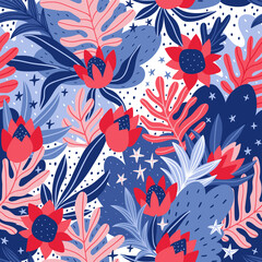 Mystical flowers in outer space. vector hand drawn seamless pattern. Floral print design for fabrics, wallpapers and wrap paper.