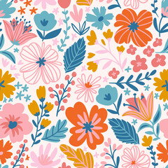 Fototapeta na wymiar Trendy seamless floral ditsy pattern. Fabric design with simple flowers. Vector cute repeated pattern for baby fabric, wallpaper or wrap paper