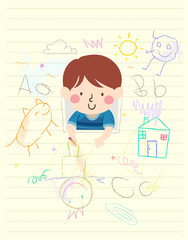 Kid Boy In Paper Scribble Pencil Illustration