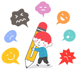 Kid Boy Pencil Emotion Bubbles Illustration