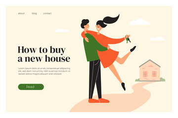 Layout template of buying new house. Happy home owners near their property. Man holding woman with door keys in hand. Mortgage loan, real estate. Young couple buy house. Ad banner, vector illustration