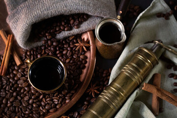 Background of coffee. fried coffee beans. coffee beans, on a wooden background