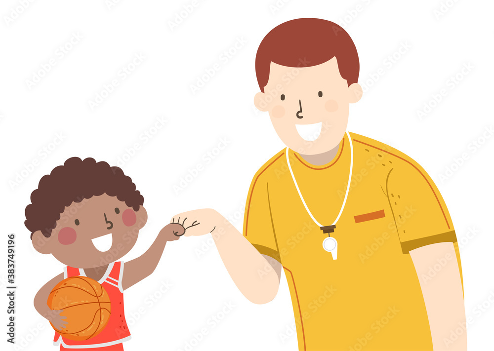 Sticker kid boy basket ball coach fist bump illustration