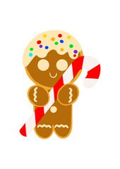 Cute sweet gingerbread man with candy in his hands. Graphic element for greeting card for New Year and Christmas. Vector illustration in a flat style.