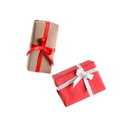 Flying gift boxes on white background