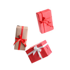 Flying gift boxes on white background