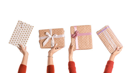 Hands with gift boxes on white background