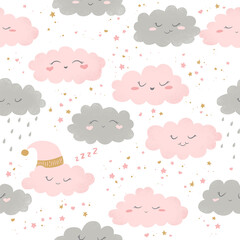 Seamless hand drawn vector pattern with cute pink and grey cartoon clouds and stars on white background. Design for print, fabric , wallpaper, card