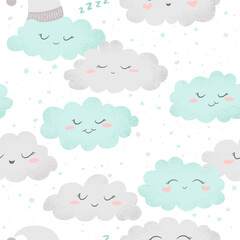 Seamless vector pattern with cute hand drawn cartoon clouds and stars isolated on white background. Design for for baby room decoration, print, fabric, wallpaper, card