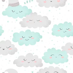Rolgordijnen Seamless vector pattern with cute hand drawn cartoon clouds and stars isolated on white background. Design for for baby room decoration, print, fabric, wallpaper, card © DarianaArt